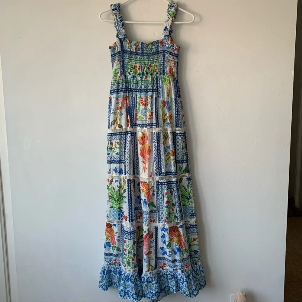 Farm Rio Tropical Tiles Cotton Square Neck Smocked Tiered A Line Maxi Dress - Picture 7 of 12